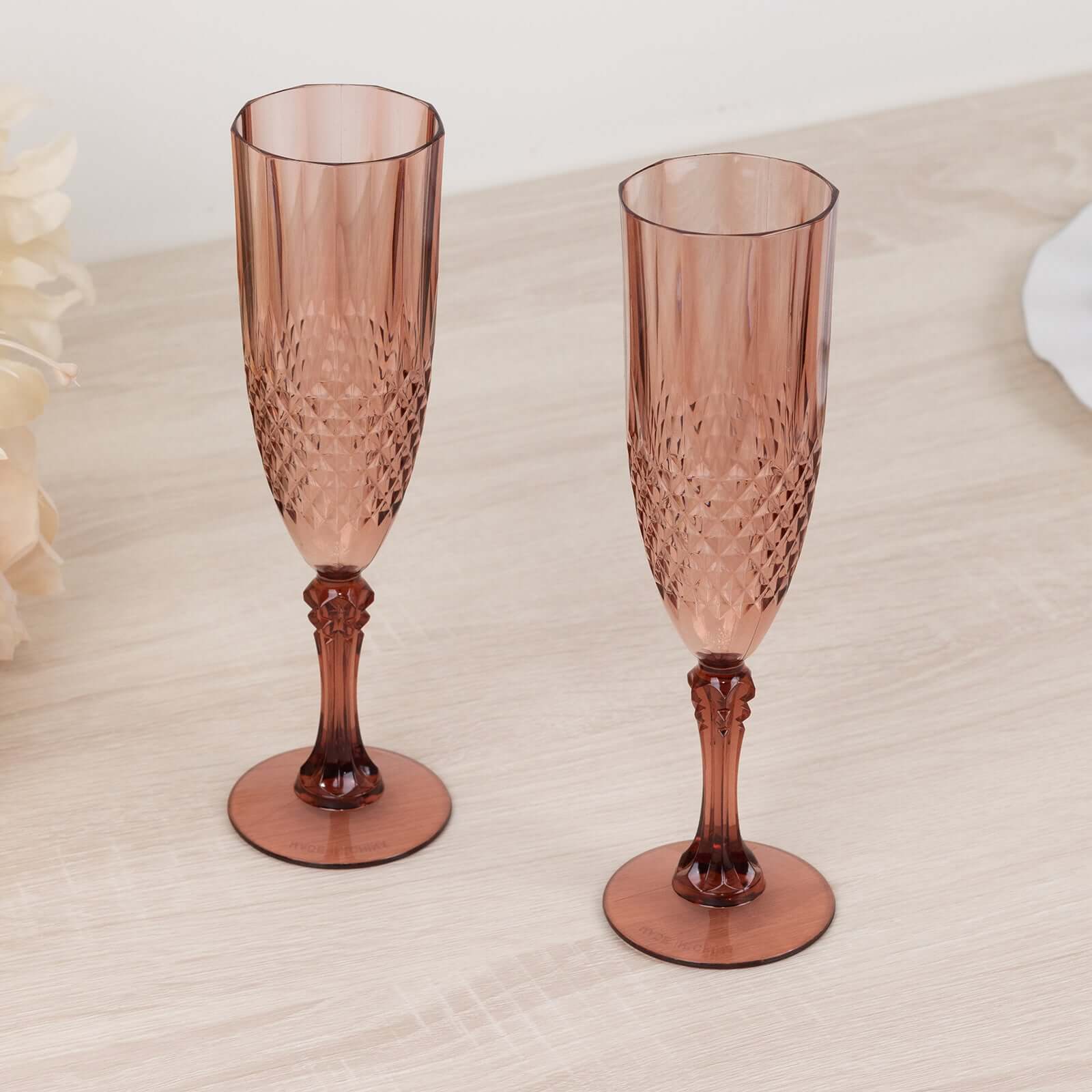 6-Pack Transparent Plastic Champagne Glasses 8oz, Crystal Cut Style Dusty Rose - Shatterproof Wedding Toast Flutes - Pack of 6 Glasses